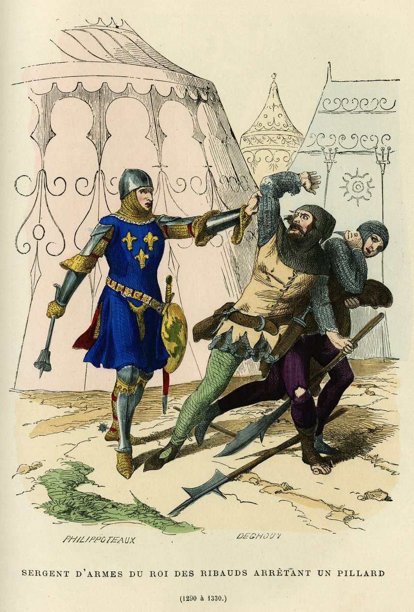 Ribaudien kuninkaan (Philippe Augusten (tai ranskalaisen Philippe II:n 1165-1223) noin vuonna 1189 perustaman epäsäännöllisen miliisin johtaja, jolla on tiettyjä poliisitehtäviä) ryöstäjän pidättäjä (1290-1330). Värikaiverrus, "Ranska tekijältä French School
