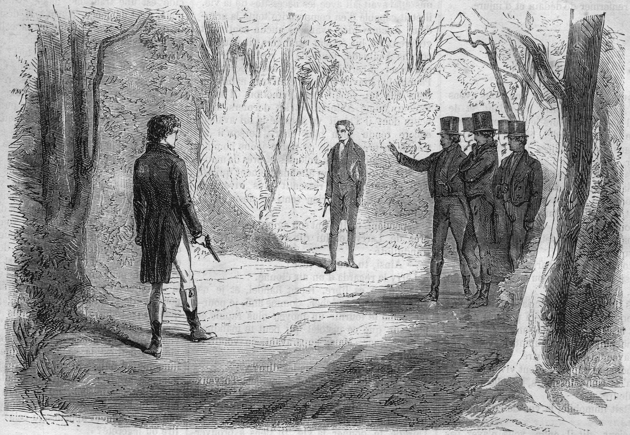 Sarjaromaani: "Rikkaat ja köyhät" Emile Souvestre (1806-1854). Boissardin ja Larryn kaksintaistelu. Kaiverrus "" Les bons romances"" tekijältä French School