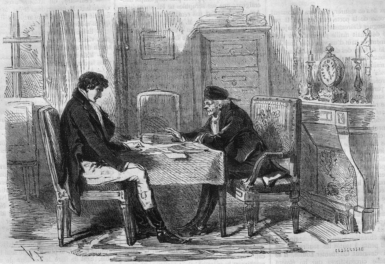 Sarjaromaani: Emile Souvestren (1806-1854) "Rikkaat ja köyhät". Kaksi miestä puhumassa: "Skrupulat eivät ole koskaan kiduttaneet ketään." Kaiverrus "" Les bons romances"" tekijältä French School