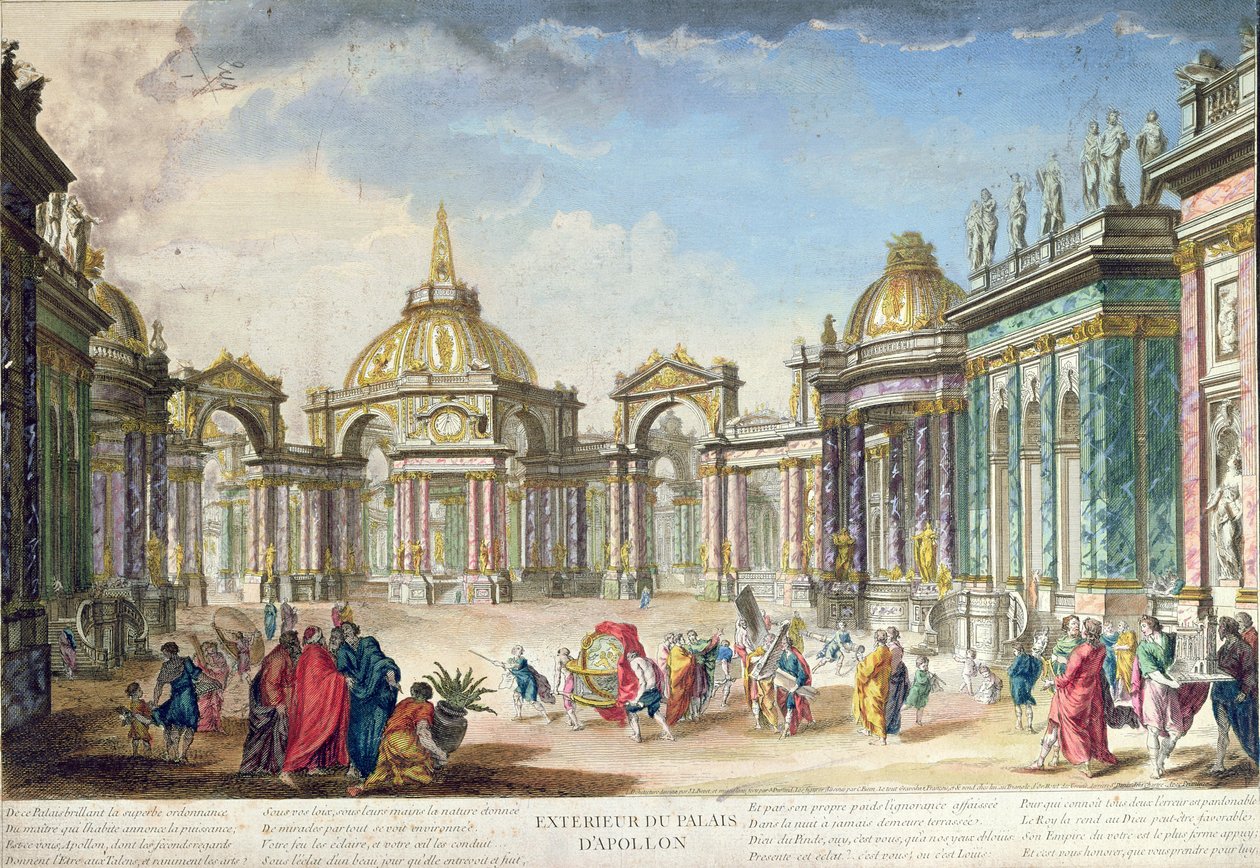 Lavastus Apollosin palatsin ulkoa varten, julkaistu Pariisissa, 1748 tekijältä French School