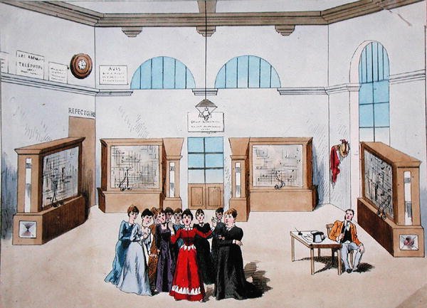 Lavastus operettiin, jossa on naisoperaattoreita keskuspuhelinkeskuksessa. 1800-luvun loppu (väri litho) tekijältä French School