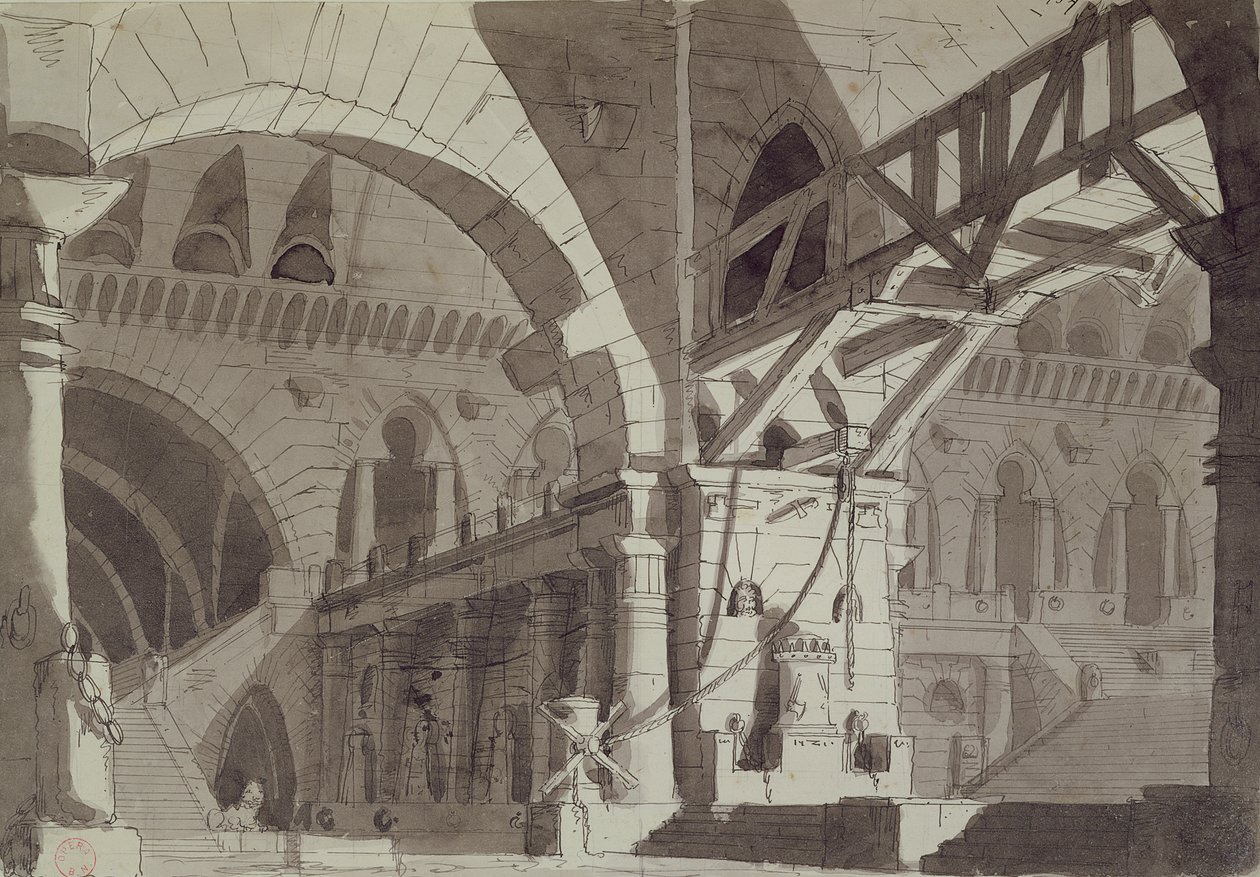 Lavastus Piranesiksen vankilapiirustuksen tyyliin, n. 1800 (kynä, muste & pesu) tekijältä French School