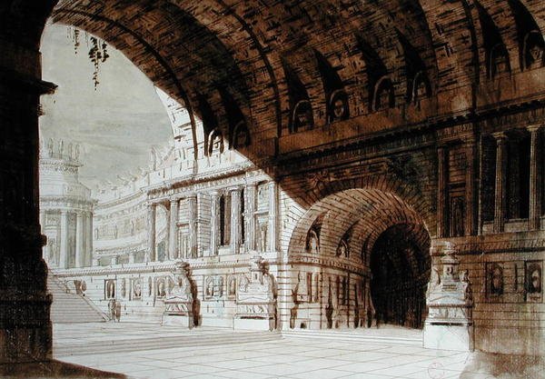 Lavastus on saanut inspiraationsa antiikista, n. 1800 (kynä & muste ja akvarelli paperille) tekijältä French School