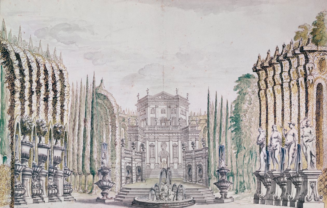 Lavastus palatsin teatteria varten, n. 1660-80 (kynä & muste ja wc paperilla) tekijältä French School