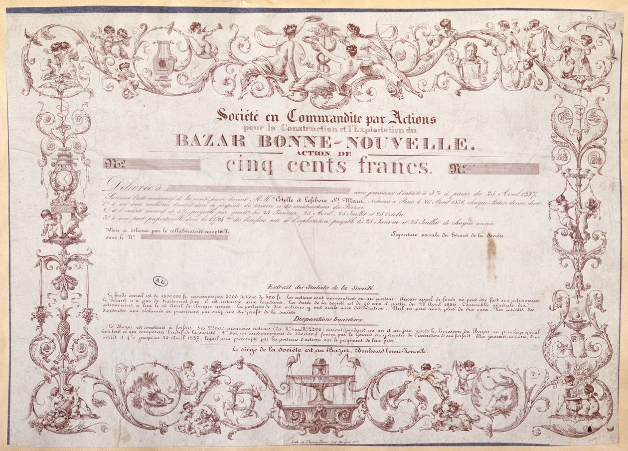 Osaketodistus 500 frangia Bazar Bonne-Nouvelle, 1836 tekijältä French School