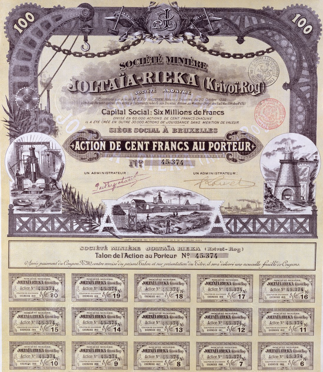 Osaketodistus 100 frangia ranskalais-venäläiselle Joltaia-Riekan kaivosyhtiölle, 1899 tekijältä French School