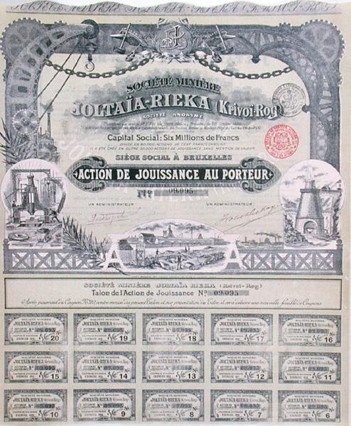 Osaketodistus ranskalais-venäläiselle kaivosyhtiölle Joltaia-Rieka tekijältä French School