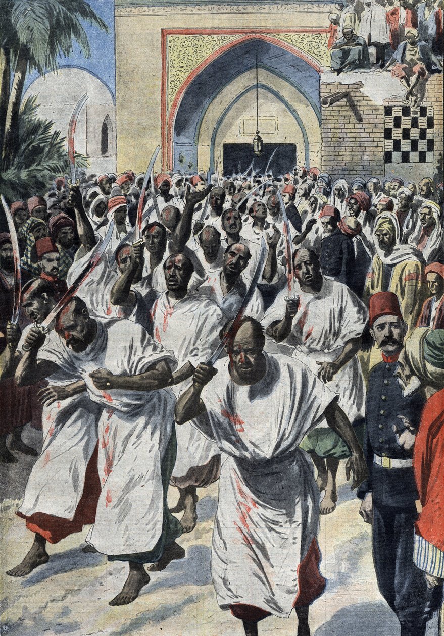 Shiiamuslimit pyhiinvaelluksella Karbalassa (Irak), Husaynin haudalla - "Le Petit Journal", huhtikuu 1909 (kaiverrus) tekijältä French School
