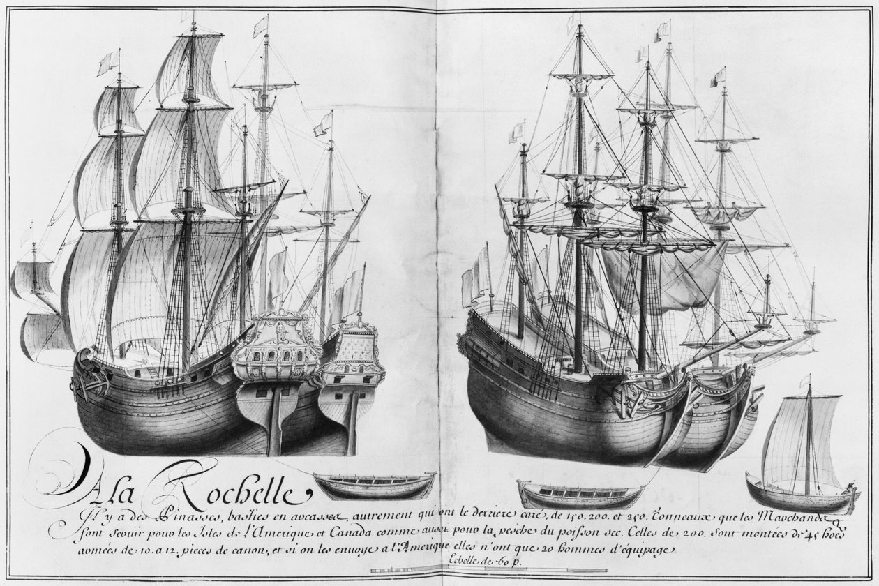 Laivat, jotka tunnetaan nimellä "pinasses", La Rochelle, kuva teoksesta "Desseins des differentes manieres de ships ... from Nantes to Bayonne ...", 1679 (kynä ja wc paperilla) tekijältä French School