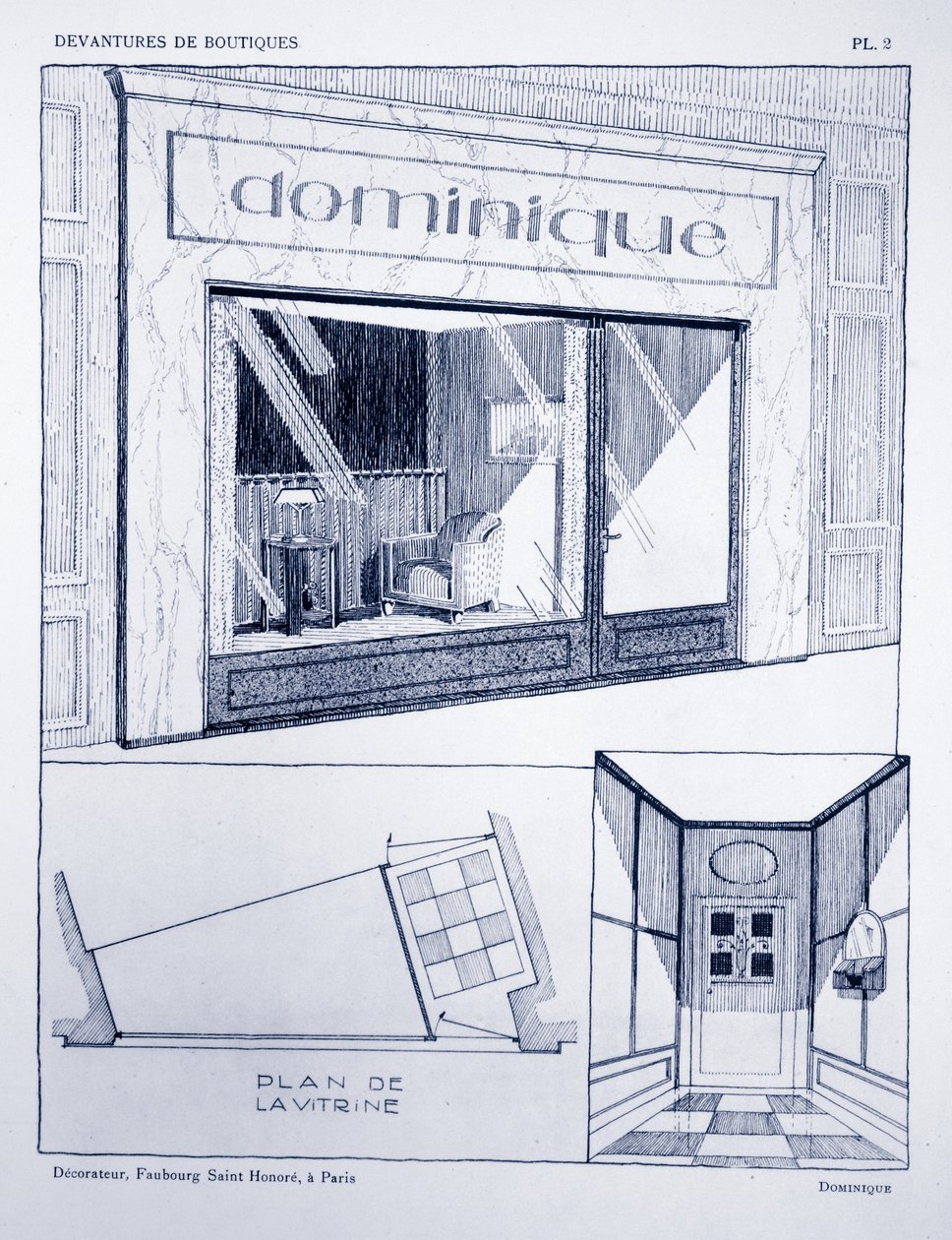 Liikkeen etuosa, levy 2, kuvitus Devantures de Boutiquesista, Louis-Pierre Sezille, Pariisi, 1927 tekijältä French School