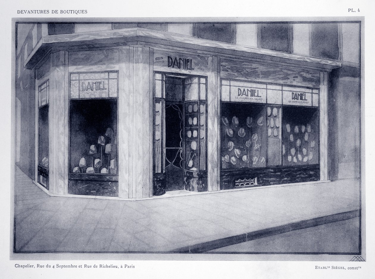Liikkeen etuosa, levy 4, kuvitus Devantures de Boutiquesista, Louis-Pierre Sezille, Pariisi, 1927 tekijältä French School