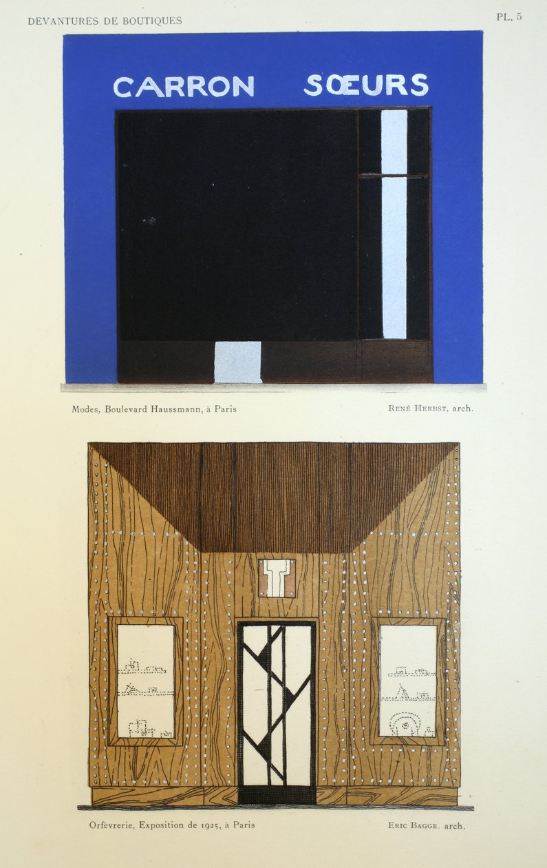 Liikkeiden julkisivut, kuvitus Devantures de Boutiquesista, Louis-Pierre Sezille, Pariisi, 1927 tekijältä French School