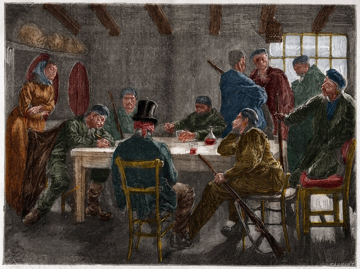 Sisilian mafia 1800-luvulla: Sisilian mafiosin vuonna 1873 kumoama maanomistajan kuulustelu. Kaiverrus vuodelta 1873. tekijältä French School