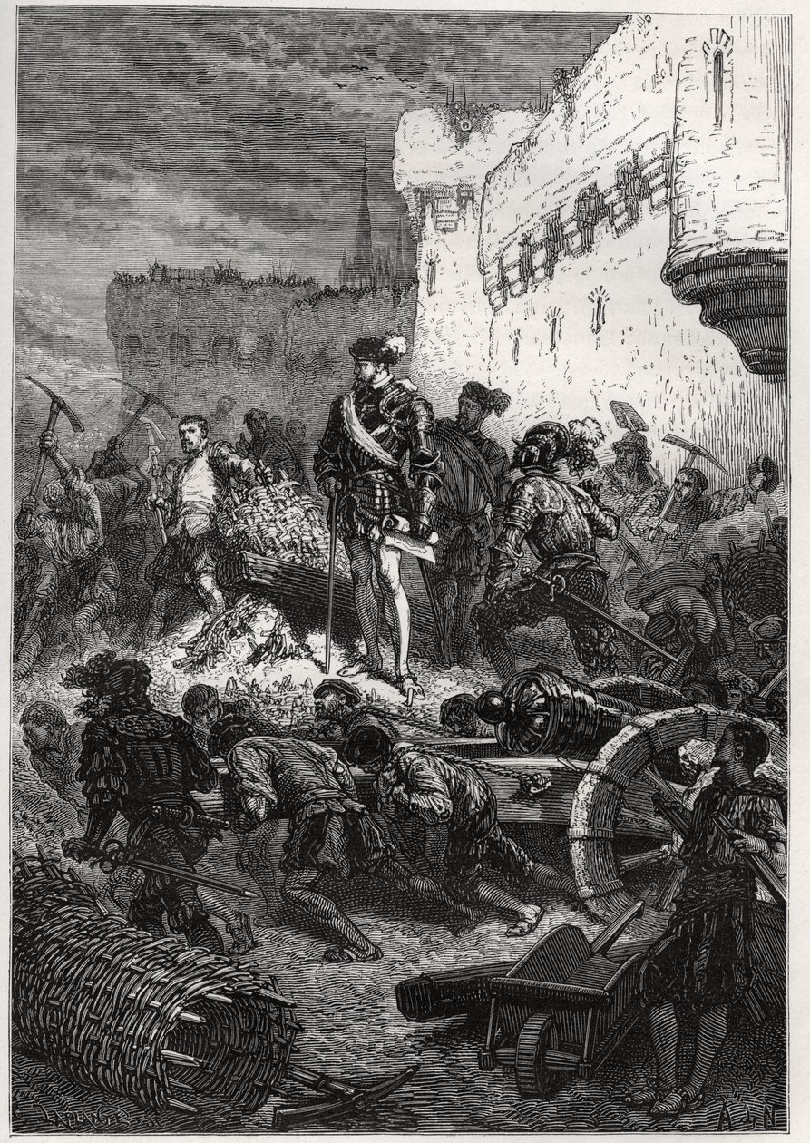 Siege de Metz (1552) - Francois de Guise ja teokset Metzin valleilla - kaiverrus kirjasta "" Ranskan historia kerrottiin lapsenlapsilleni"" - kirjoittanut Francois Guizot - 1872-1876 tekijältä French School