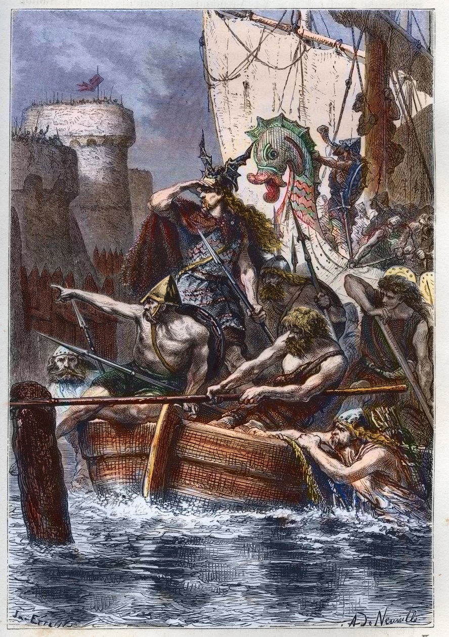 Pariisin piiritys (885-887): Normanien (viikinkien) hyökkäys vuonna 886 - Viikinkiryöstäjä Rollo (Rollon) Ranger hyökkää Pariisiin Seine-joen kautta 885 jKr - kaiverrus kirjasta "" L