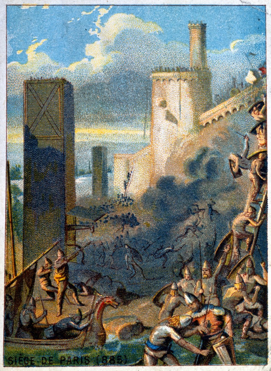 Normanien (Viking) piiritys Pariisin (885). Kromolitografia sarjasta "" Isänmaallinen kasvatus kuvan kautta"". tekijältä French School