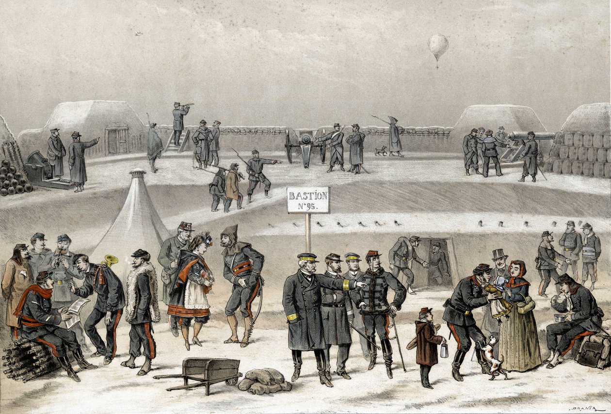 Pariisin piiritys 1870 sodan aikana 1870-1871. Sotilaat valmistavat kaupungin puolustusta: bunkkerissa voi nähdä sotilaan. tekijältä French School