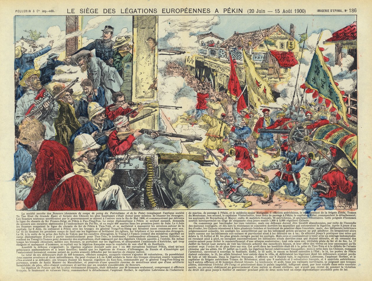 Euroopan lähetystöjen piiritys Pekingissä, nyrkkeilijäkapina, Kiina, 20. kesäkuuta - 15. elokuuta 1900 (värilitografia). tekijältä French School