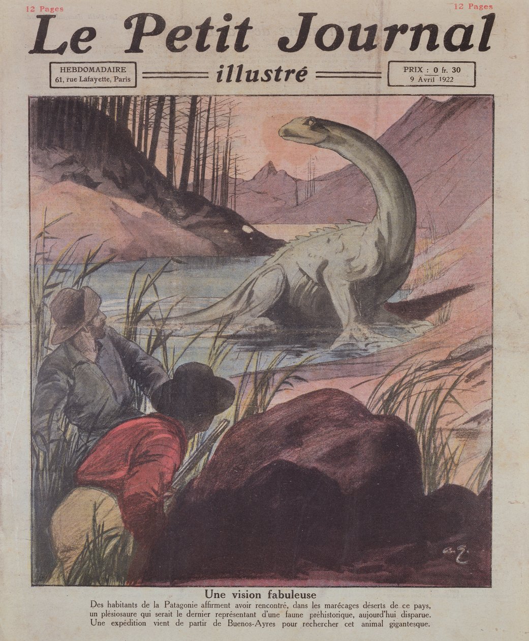Plesiosauruksen havainto Patagoniassa, Le Petit Journalin kansikuva, 9. huhtikuuta 1922 tekijältä French School