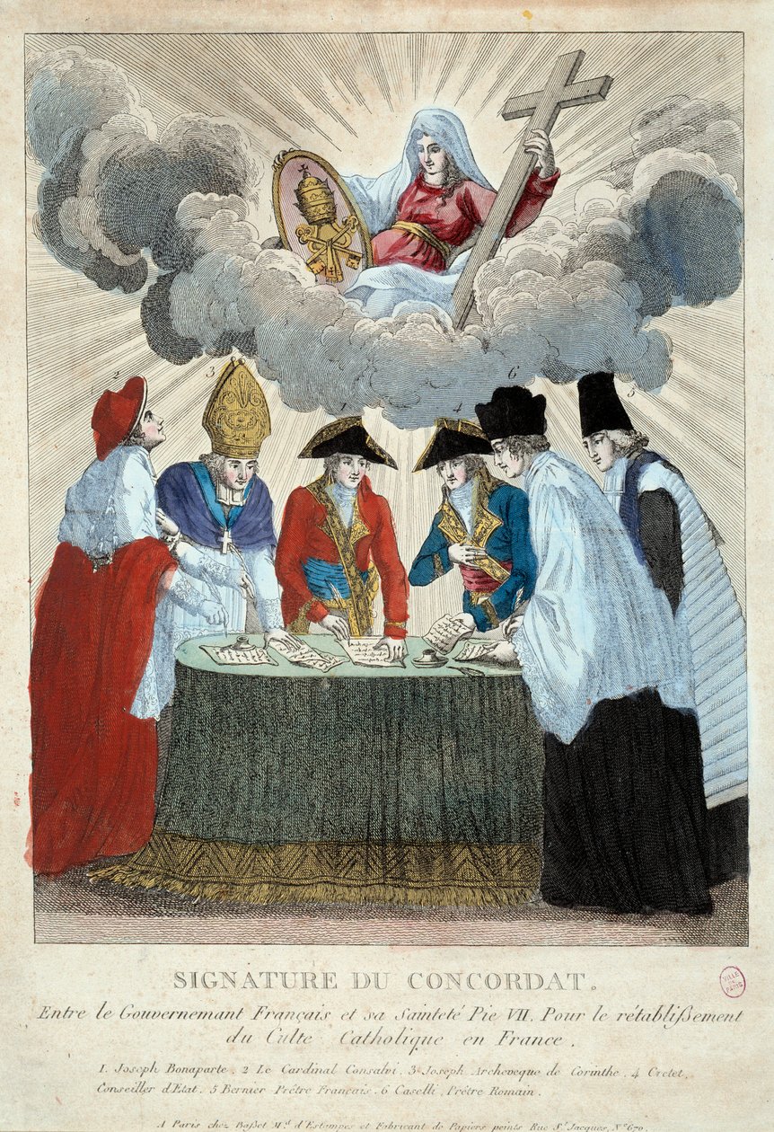 Vuoden 1801 konkordaatin allekirjoittaminen 15.7.1801: Ranskan hallitus (jota edustaa Joseph Bonaparte) ja Saint Siege (edustaa kardinaali Consalvi paavi Pius VII:lle) välillä. 1801 Pariisi, Musee Carnavalet tekijältä French School