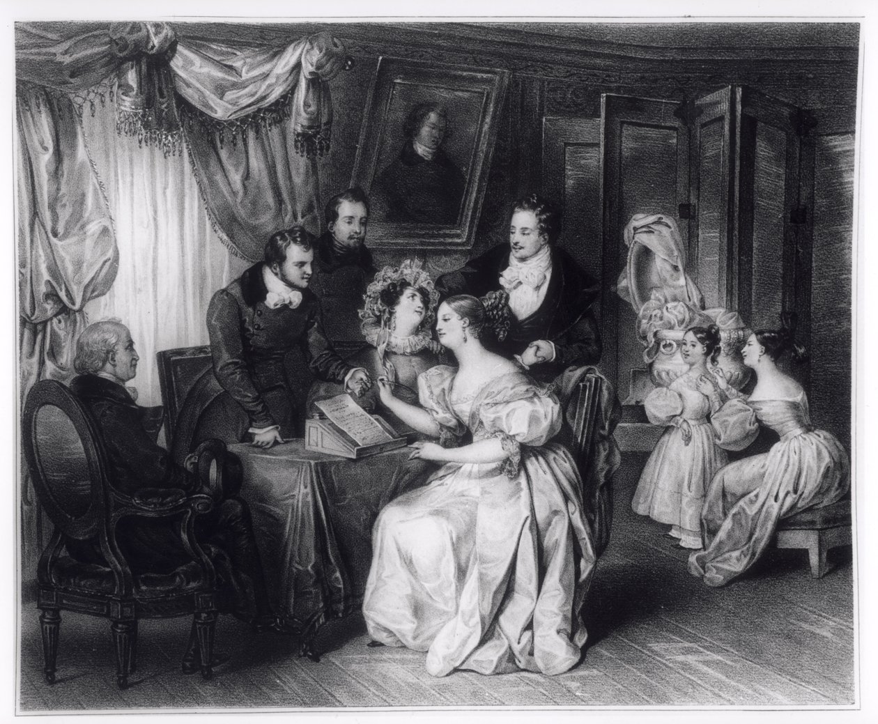 Avioliittosopimuksen allekirjoittaminen asianajajatoimistossa, n. 1840 tekijältä French School