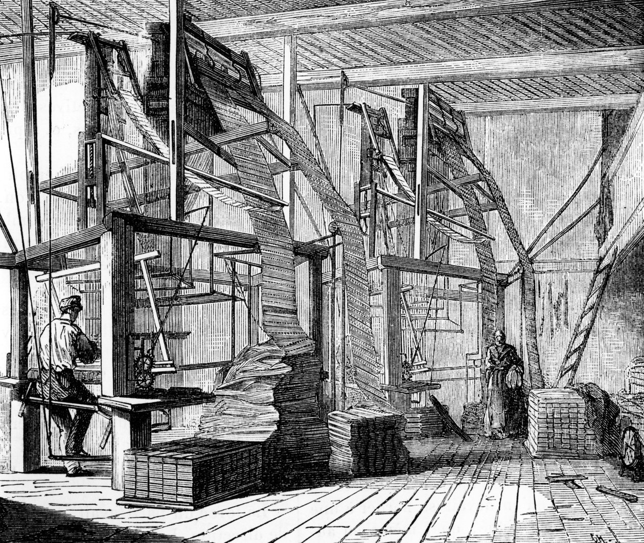 Silkkityöläiset työpajassa Lyonissa jacquard-kutomakoneilla, n. 1880 tekijältä French School