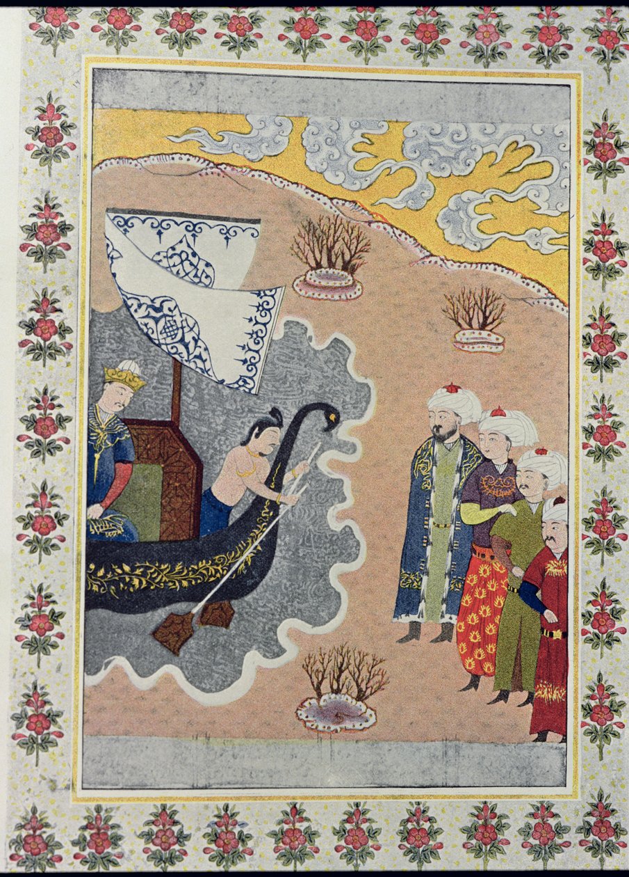 Sinbad laivaan, kuvitus teokselle Sinbad the Sailor, Arabian Nights, 1895 (värikaiverrus) tekijältä French School