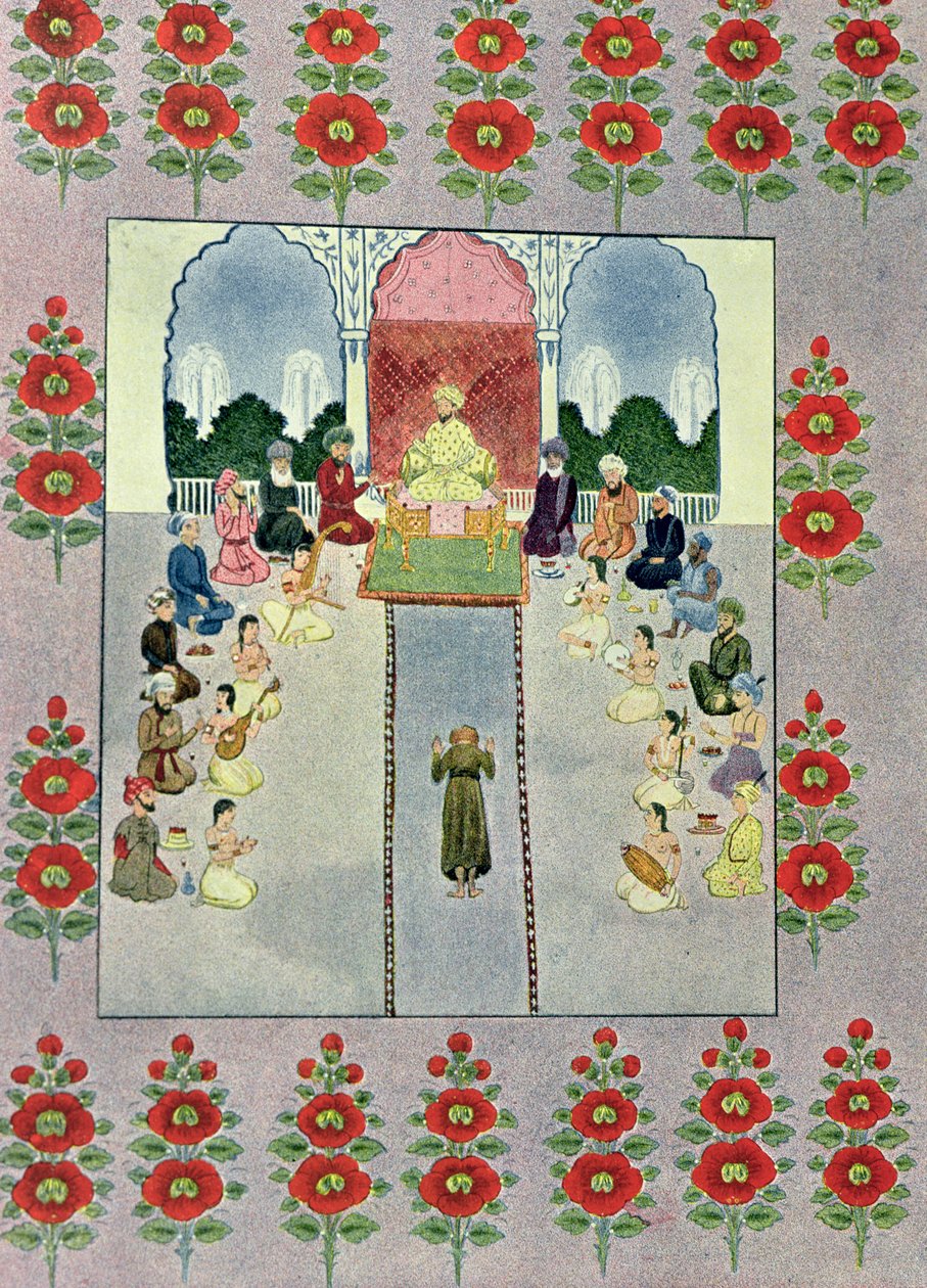 Sinbad the Sailor vastaanottamassa Sinbad the Porterin, kuvitus Sinbad the Sailor -teokselle, Arabian Nights, 1895 (värikaiverrus) tekijältä French School