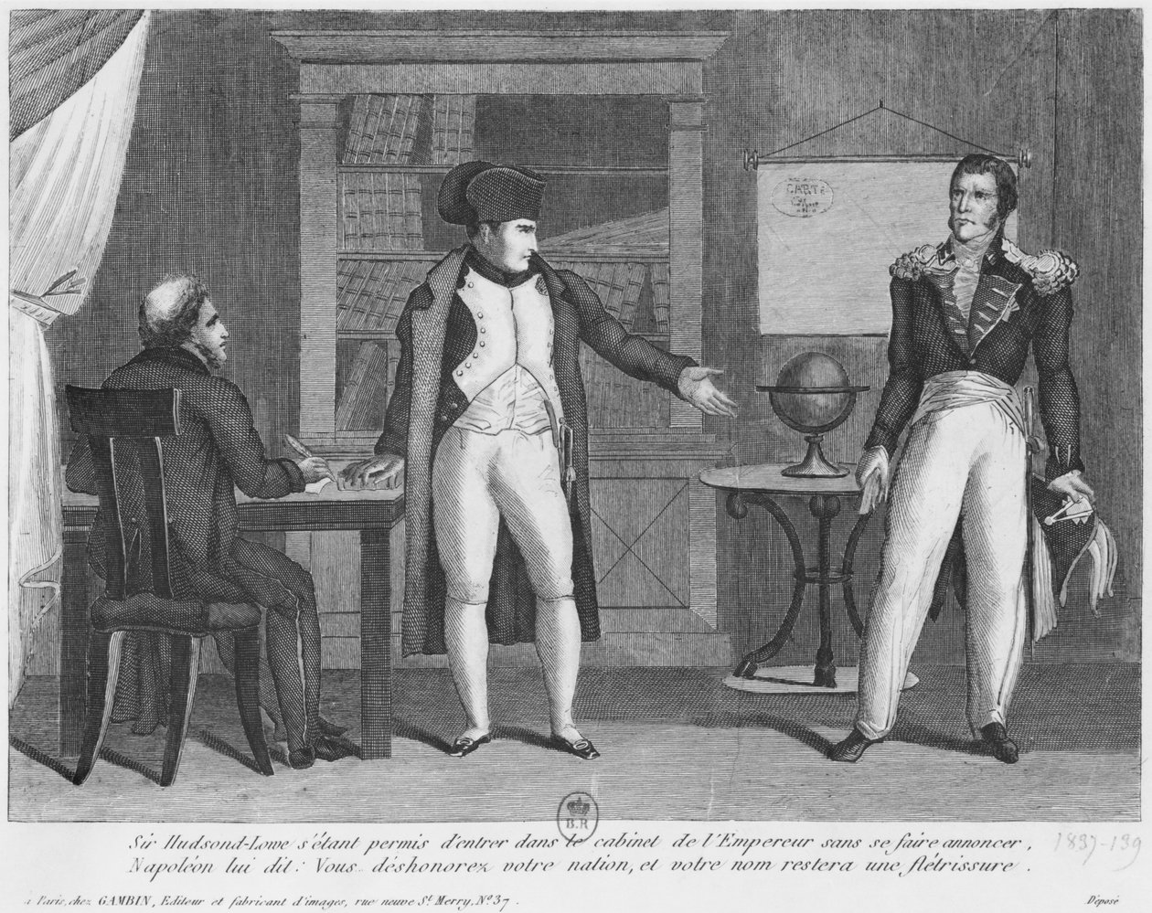 Sir Hudson Lowe saapuu tutkimaan Napoleon I:tä (1769-1821) St. Helenan saarella ilmoittamatta itsestään tekijältä French School