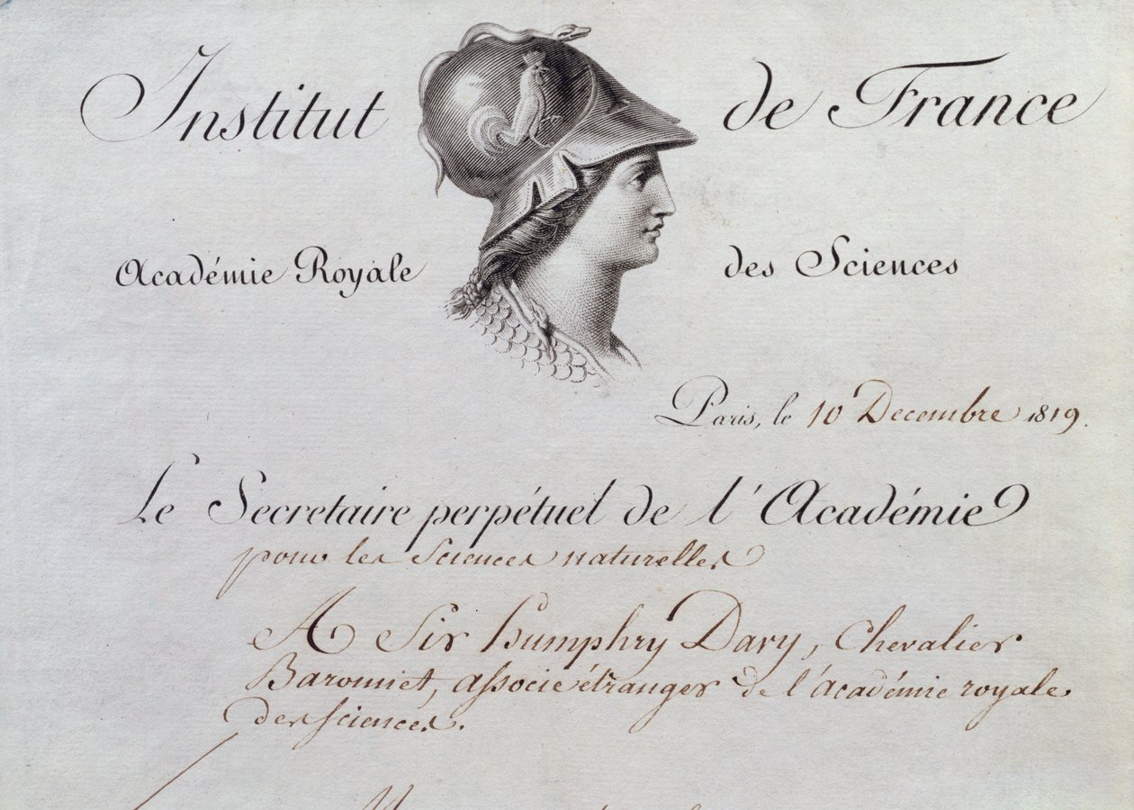 Sir Humphry Davyn (1778-1829) jäsentodistus Institut de Francelle, 10. joulukuuta 1819 tekijältä French School