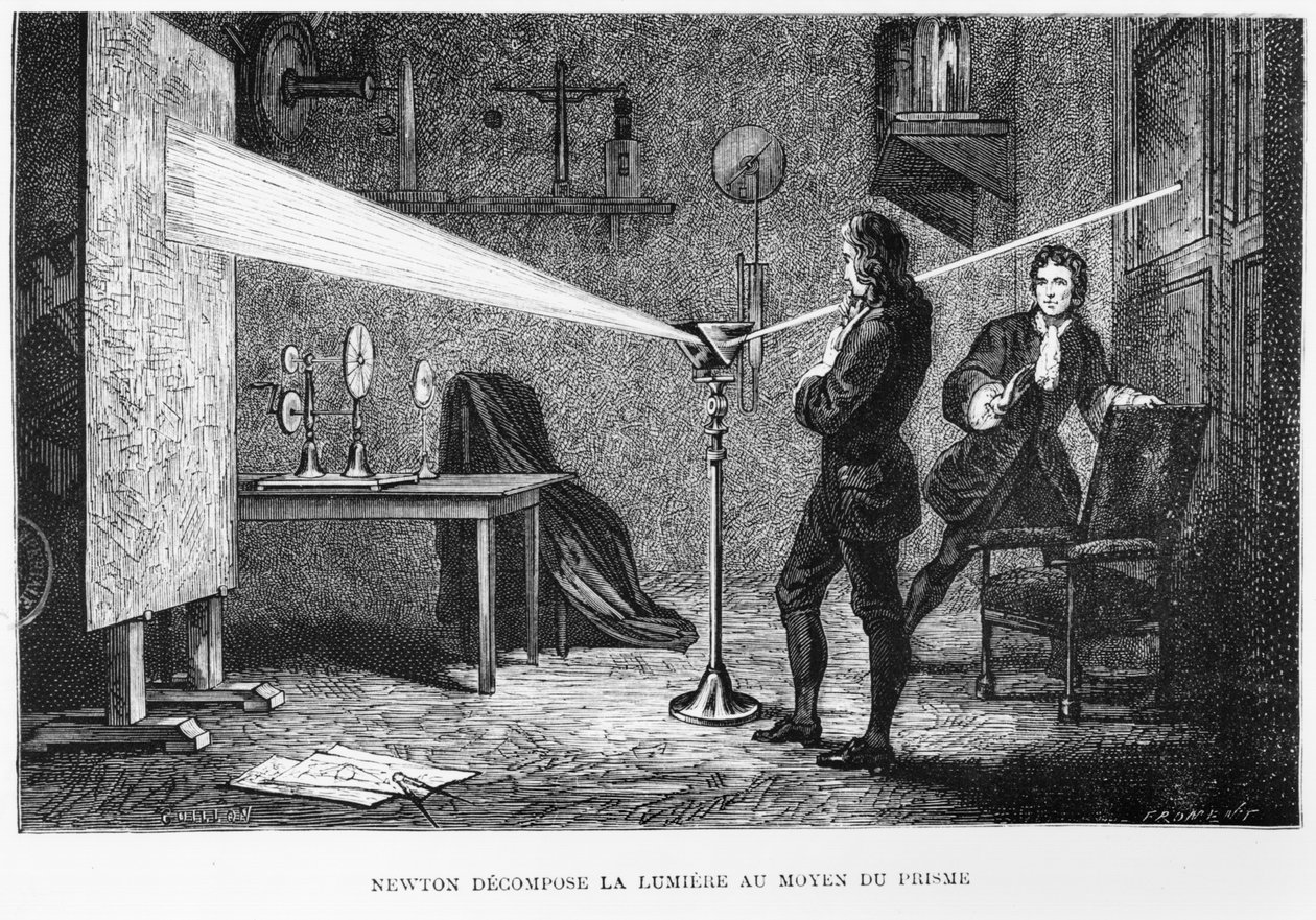 Sir Isaac Newton (1642-1727) hajottaa valon prisman läpi, kuvitus Louis Figuierin teoksesta La Vie des Savants Illustres, 1868 tekijältä French School