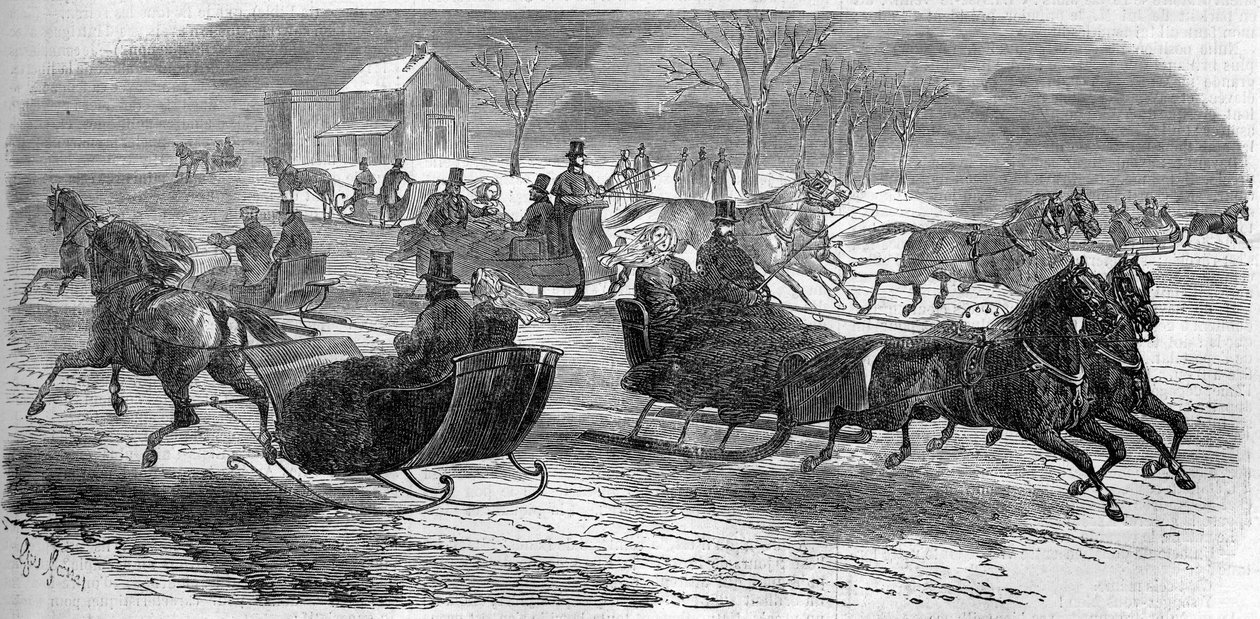 Kelkka New Yorkissa (New York), Yhdysvalloissa (Yhdysvallat), talvi 1858. Kaiverrus "" Le Monde Illustré" -julkaisussa nro 47, 6. maaliskuuta 1858. tekijältä French School