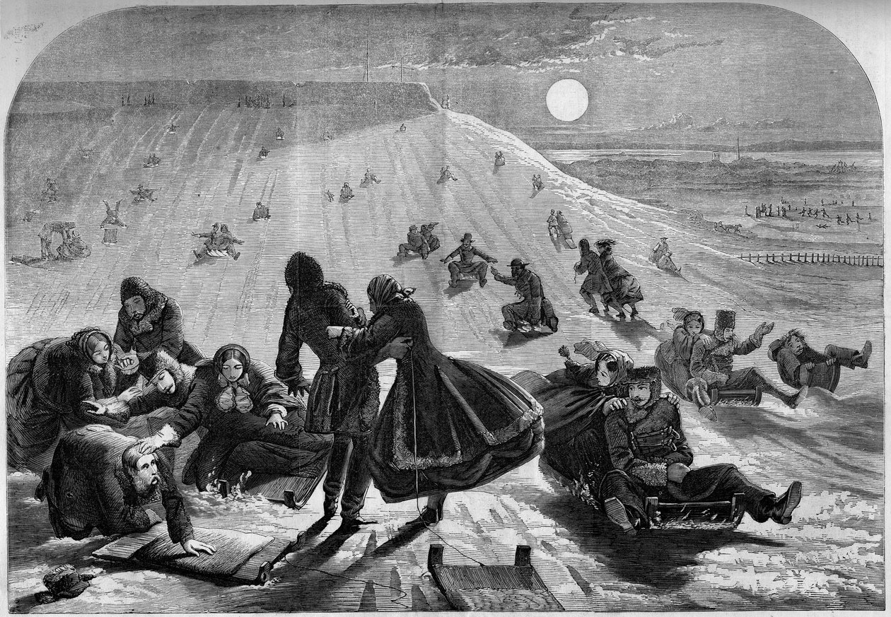 Kelkkailu Montrealissa, Kanadassa, talvella 1859. Kaiverrus "" Le Monde Illustré" -julkaisussa nro 98, 26. helmikuuta 1859. tekijältä French School