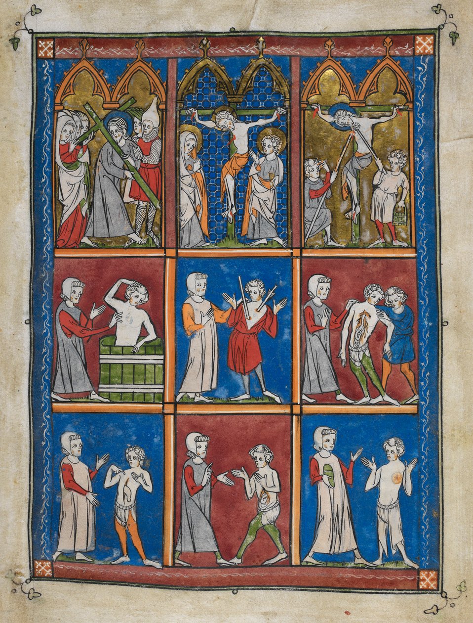 Sloane 1977, f.7 The Chirurgia: Yhdeksän miniatyyriä, joissa esitetään raamatullisia ja lääketieteellisiä kohtauksia. Ylhäällä Kristus kantaa ristiä; Maria ja Pyhä Johannes Golgatalla; Kristus antoi etikkaa ja lävisti keihällä. Keskus ja alla, lääkärit hoi tekijältä French School