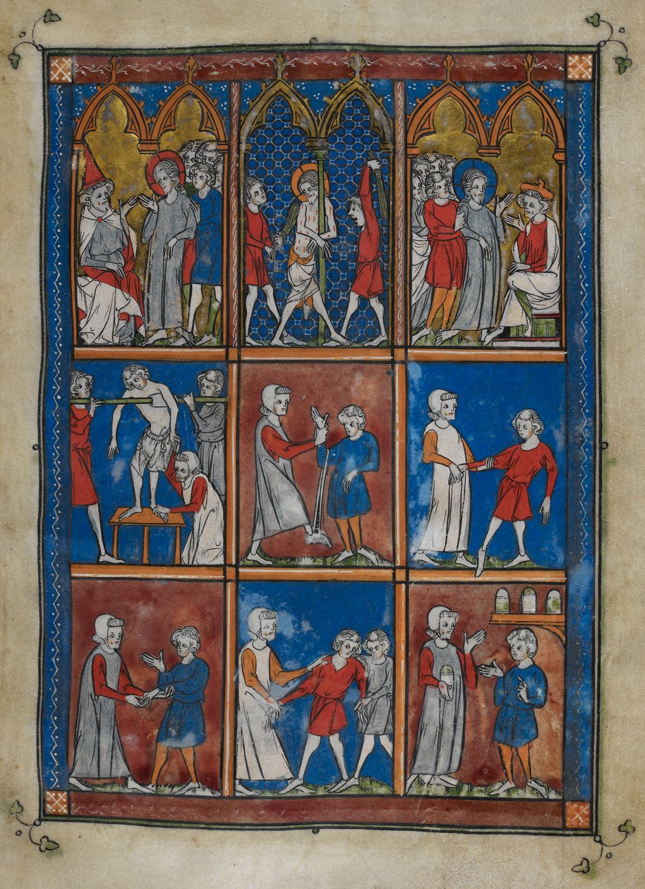 Sloane MS 1977 fol.6r Yhdeksän miniatyyriä, jotka esittävät raamatullisia ja lääketieteellisiä kohtauksia. Ylhäällä Kristus ennen Kaifasta ja Pilatusta; liputus. Keskuksessa ja alapuolella lääkärit, jotka hoitavat potilaita luunmurtumien ja muiden sairauks tekijältä French School