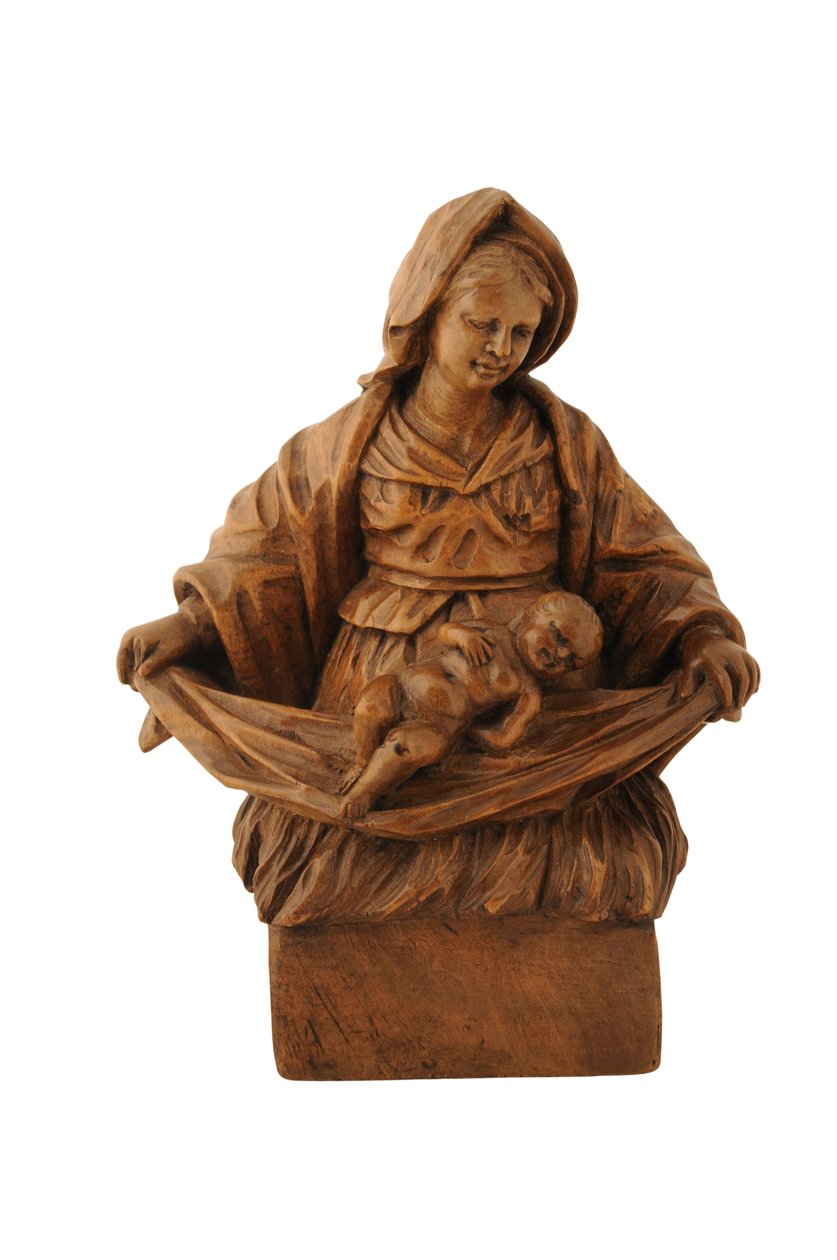 Pieni limepuukaiverrus Madonnasta ja lapsesta (kalkkipuu) tekijältä French School