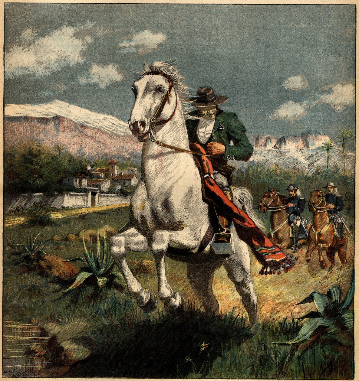 Salakuljettaja Pyreneillä, jota kuninkaan karabinierit takaavat. Kaiverrus "" La Terre Illustree" -julkaisussa nro 75, 7. huhtikuuta 1892. tekijältä French School