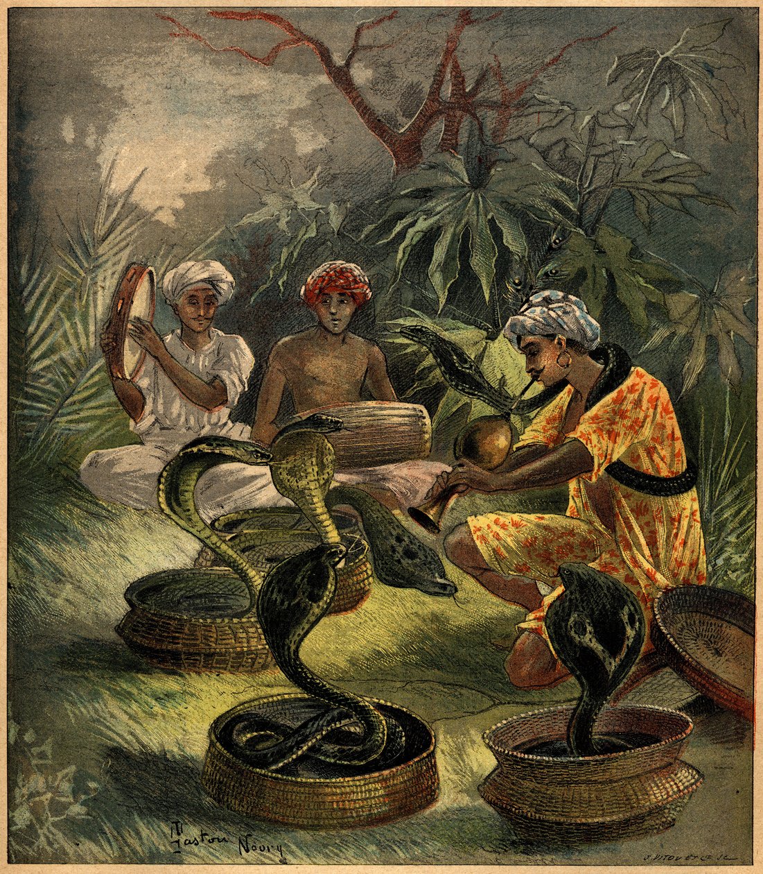 Käärmeen hurmaajat (kobrat) Intiassa. Kaiverrus teoksessa "La Terre Illustree" nro 94, 18. elokuuta 1892. tekijältä French School