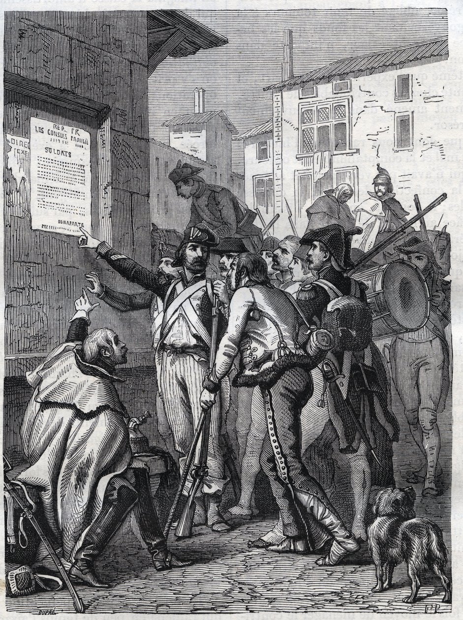 Sotilaat, tarpeesi ovat suuret: ranskalaiset sotilaat lukevat kenraali Bonaparten julistusta marraskuussa 1799 - Kaiverrus vuodelta 1865 Louis Adolphe Thiersin kirjaan "Histoire du Consulate et de l