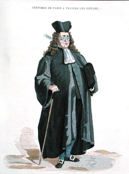 Asianajaja vuonna 1725, teoksesta "Costumes de Paris a Travers les Siecles", julkaistu 1887 (värikaiverrus). tekijältä French School
