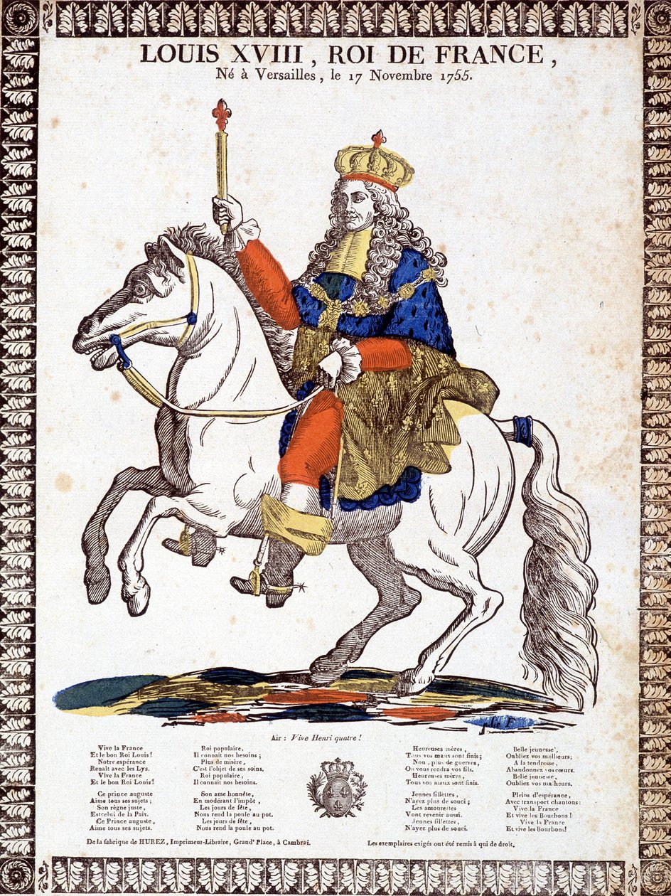 Laulu Ranskan kuninkaan Ludvig XVIII:n kunniaksi, jota havainnollistaa kuninkaan ratsastusmuotokuva (kaiverrus) tekijältä French School