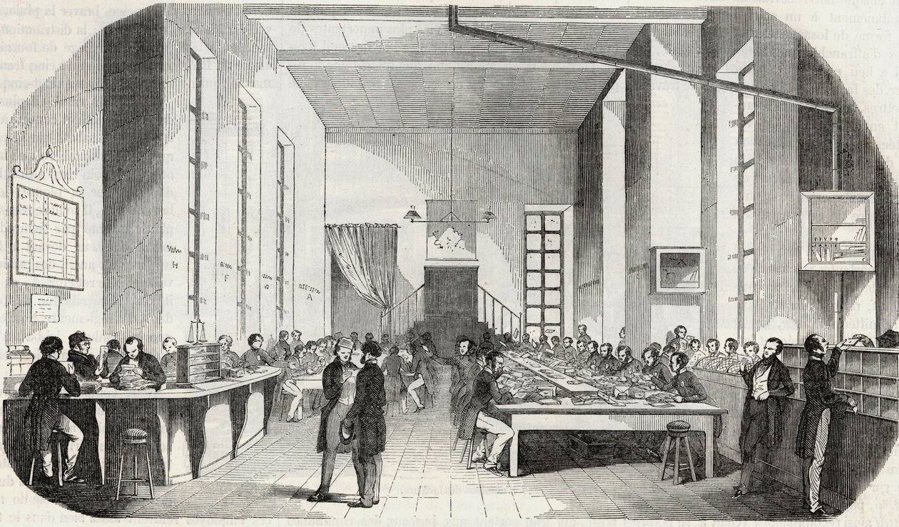 Kirjeiden lajittelu Pariisista - Kaiverrus "" Tableau-de-Paris "" Edmond Texier 1852 tekijältä French School