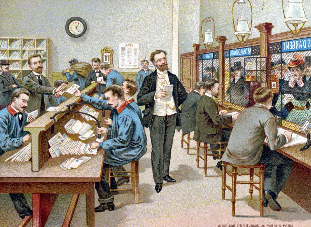 Postin lajittelu Pariisin postitoimistossa, kuvitus postilaitoksen kalenterista, 1904 tekijältä French School