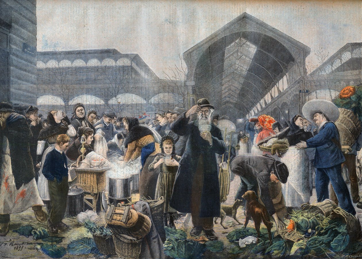 Keittokioski Les Hallesin torilla aamulla, kuvitus "Le petit Journalista", 2. maaliskuuta 1897 - la soup aux Halles le matin Pariisissa - Fortune-Louis Meaullen kaiverrus Jean Jacques Rousseaun (1861-1911) mukaan tekijältä French School