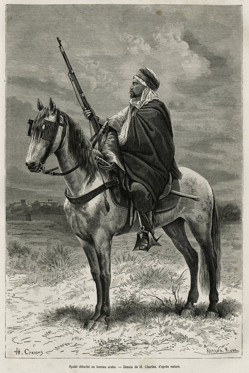 Spahi, tehokas ratsastaja ja kauhu, joka osallistuu Algerian valloittamiseen, Ranskan palveluksessa, eroaa arabien toimistosta, kaivertaa H. Charlesin piirustuksen mukaan havainnollistaakseen A. Heronin tarinaa Tebessa ja sen monumentit (Algeria) de Villef tekijältä French School