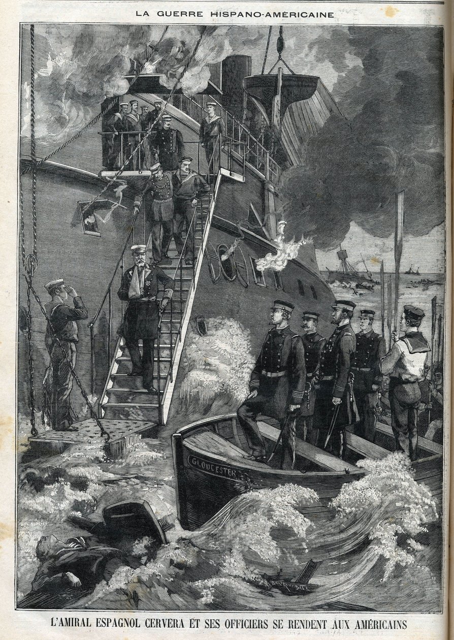 Espanjalainen amiraali Cervera ja hänen upseerinsa antautuivat amerikkalaisille. Espanjan vallan alaisen Kuuban itsenäisyyssota puhkesi vuonna 1895, ja kuubalaiset pyysivät amerikkalaisia puuttumaan asiaan. Näin Espanjan ja Amerikan välinen sota alkoi ja p tekijältä French School