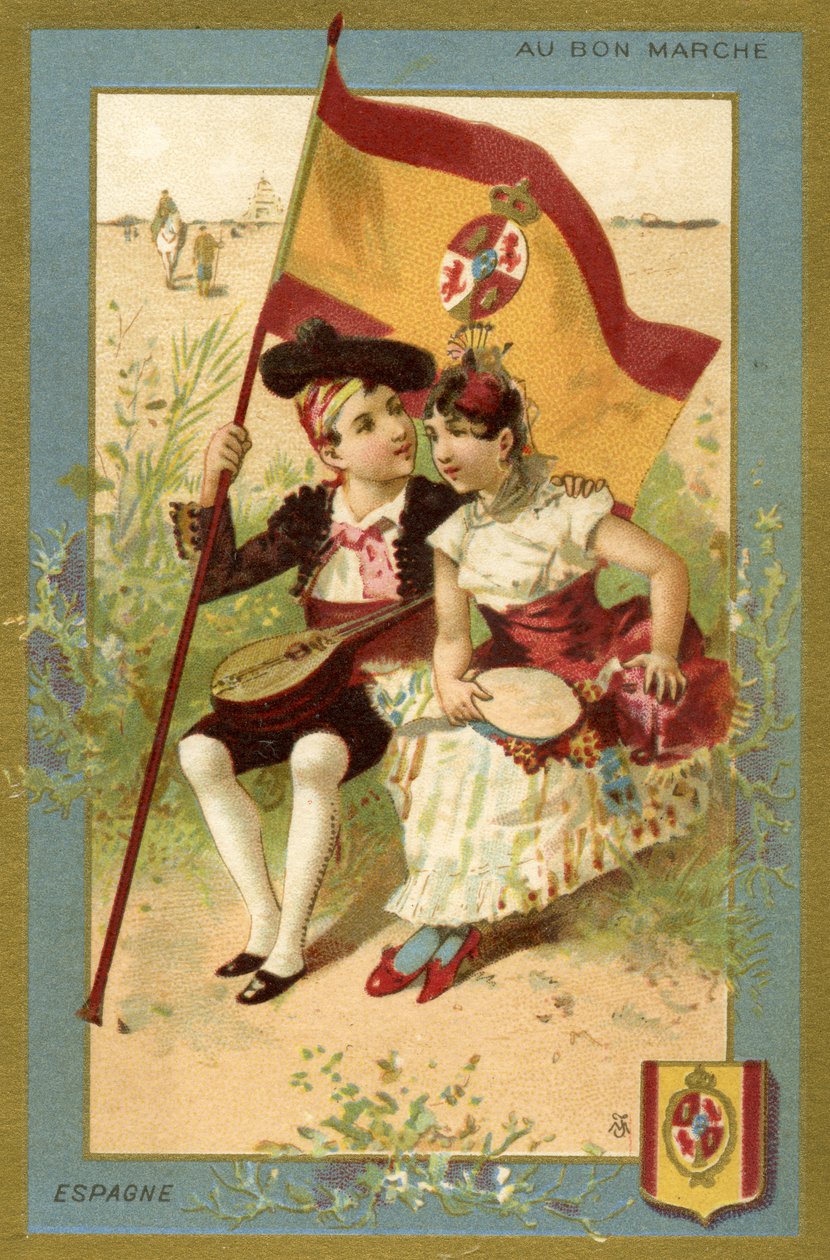 Espanjalainen poika ja tyttö, eri maiden lasten kuvitussarjasta, valmistettu promokorteiksi Bon Marché -tavaratalolle Pariisissa, n. 1890 tekijältä French School