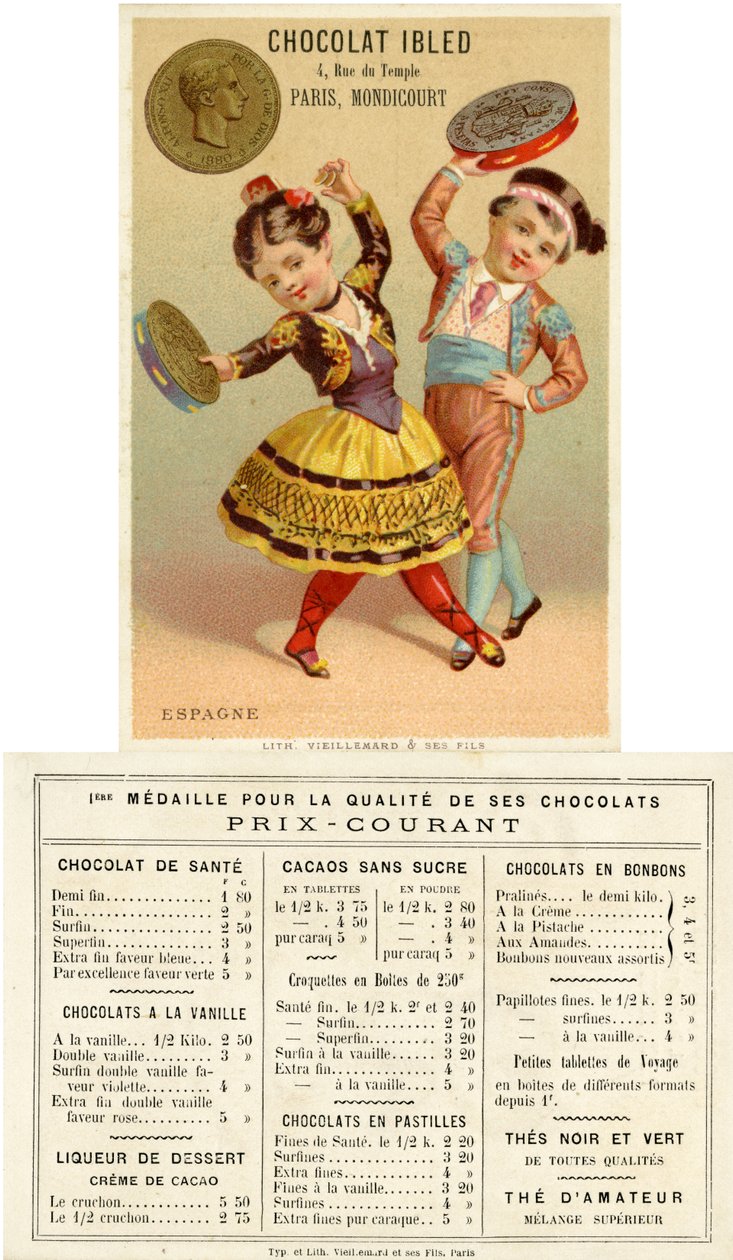 Espanjalaiset lapset tanssivat pesetasta valmistetuilla tamburineilla eri maiden valuuttoja koskevista mainoskorttisarjasta, jonka Pariisissa julkaisi Vieillemard Chocolat Ibledin käyttöön, 1886-95 tekijältä French School