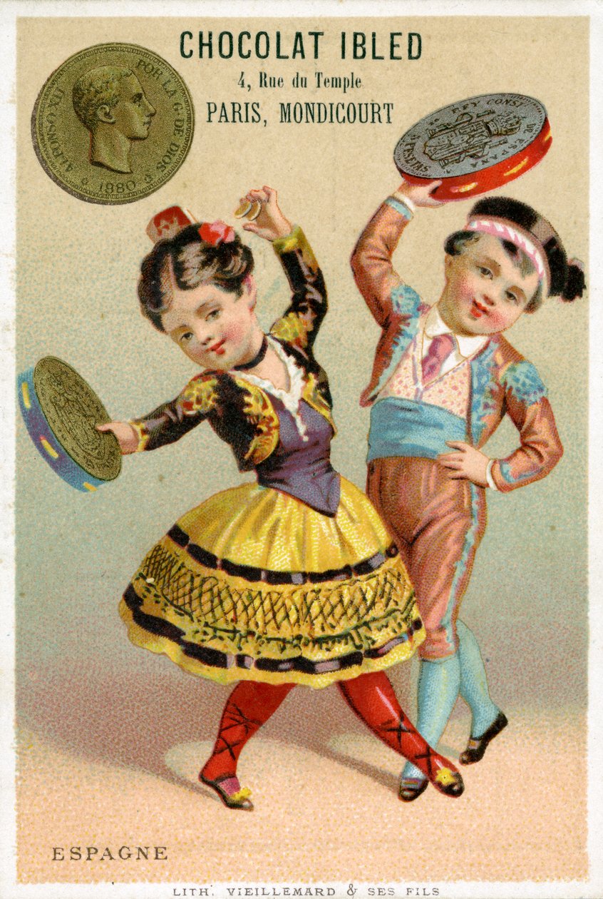 Espanjalaiset lapset tanssivat pesetasta valmistetuilla tamburineilla eri maiden valuuttoja koskevista mainoskorttisarjasta, jonka Pariisissa julkaisi Vieillemard Chocolat Ibledin käyttöön, 1886-95 tekijältä French School
