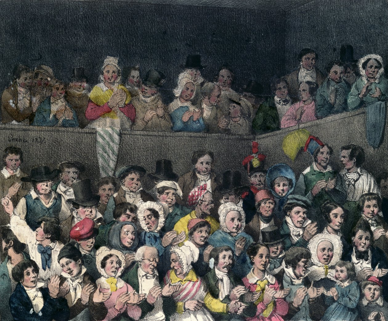 Katsojat taputtavat teatterissa, kaiverrus Benard ja Frey, 1837 tekijältä French School